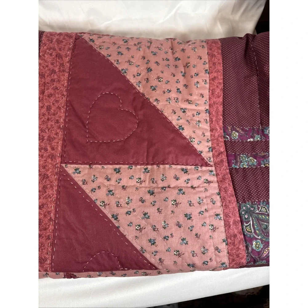 Handmade Patchwork Quilt Burgundy Floral Paisley Heart Stitched Farmhouse Rustic